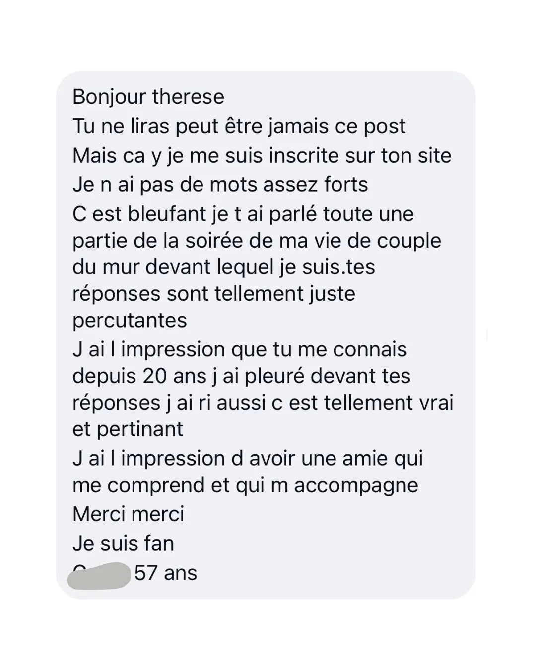 Message reçu d'une utilisatrice de Thérèse
